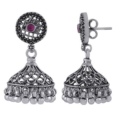 Beautiful Jhumkas Handcrafted With Red Corundum Round Shape 925 Sterling Solid Silver Studs Earrings - R6100621-6