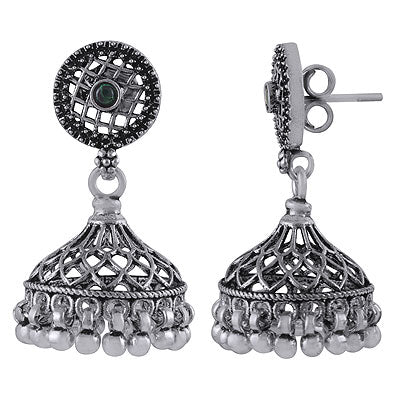 Beautiful Jhumkas Handcrafted With Green Corundum Round Shape 925 Sterling Solid Silver Studs Earrings - R6100621-7