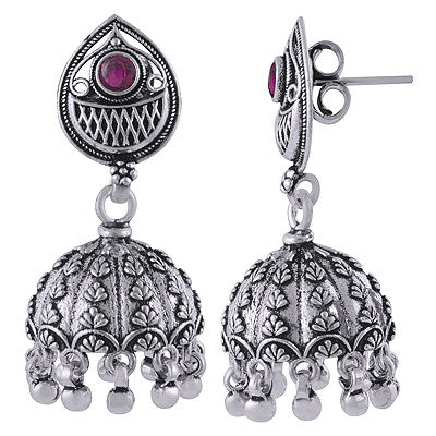 Stunning Jhumka's Handcrafted w/ Gemstone Red Corundum Round Shape 925 Sterling Solid Silver Studs Earrings - R6100621-8
