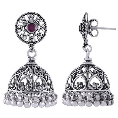 Magnificent Jhumka's Handcrafted w/ Gemstone Red Corundum Round Shape 925 Sterling Solid Silver Studs Earrings - R6100622-1