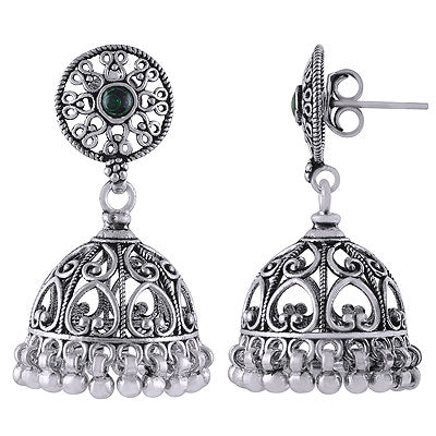 Magnificent Jhumka's Handcrafted w/ Gemstone Green Corundum Round Shape 925 Sterling Solid Silver Studs Earrings - R6100622-2