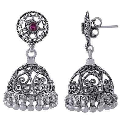 Royal Jhumka's Handcrafted w/ Gemstone Red Corundum Round Shape 925 Sterling Solid Silver Studs Earrings - R6100622-3