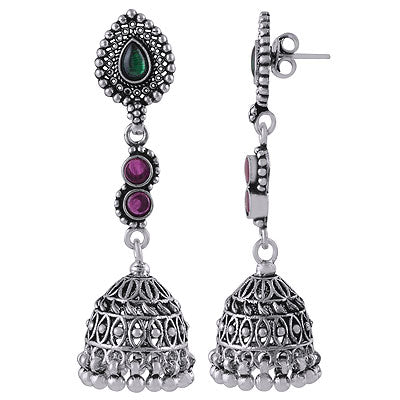 Stunning Long Jhumka's w/ Gemstone Red Corundum,Green Corundum Pear,Round Shape 925 Sterling Solid Silver Studs Earrings - R6100623-6