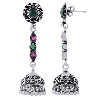 Gorgeous Long Jhumka's w/ Gemstone Red Corundum,Green Corundum Pear,Round Shape 925 Sterling Solid Silver Studs Earrings - R6100623-8