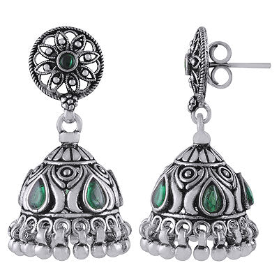 Beautiful Handcrafted Jhumka's w/ Gemstone Green Corundum Pear,Round Shape 925 Sterling Solid Silver Studs Earrings - R6100624-2
