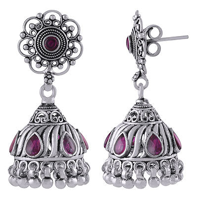 Stunning Designed Jhumka's w/ Gemstone Red Corundum Pear,Round Shape 925 Sterling Solid Silver Studs Earrings - R6100624-3
