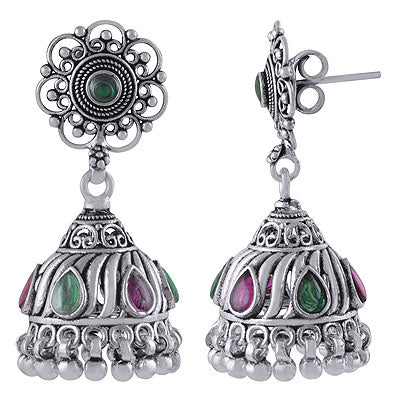 Stunning Designed Jhumka's w/ Gemstone Red Corundum,Green Corundum Pear,Round Shape 925 Sterling Solid Silver Studs Earrings - R6100624-4
