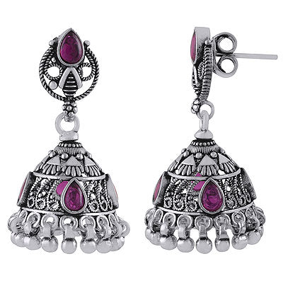 Beautifully Designed Jhumka's w/ Gemstone Red Corundum Pear,Round Shape 925 Sterling Solid Silver Studs Earrings - R6100624-5