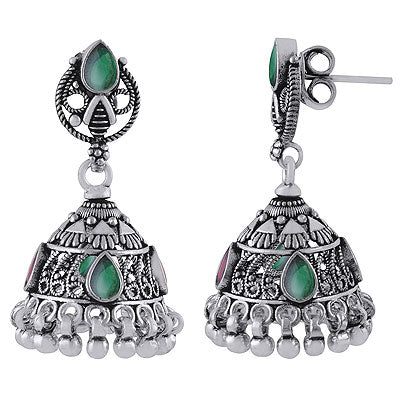 Beautifully Designed Jhumka's w/ Gemstone Red Corundum,Green Corundum Pear,Round Shape 925 Sterling Solid Silver Studs Earrings - R6100624-6