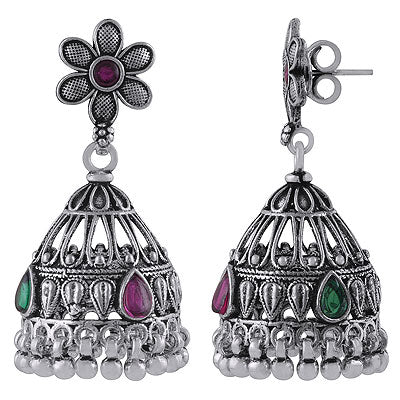 Gorgeous Jali Work Jhumka's w/ Gemstone Red Corundum,Green Corundum Pear,Round Shape 925 Sterling Solid Silver Studs Earrings - R6100624-7