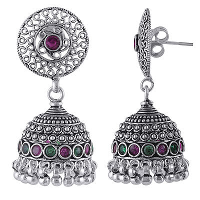 Alluring Design Jhumka's w/ Multiple Gemstone Red Corundum,Green Corundum Round Shape 925 Sterling Solid Silver Studs Earrings - R6100625-1
