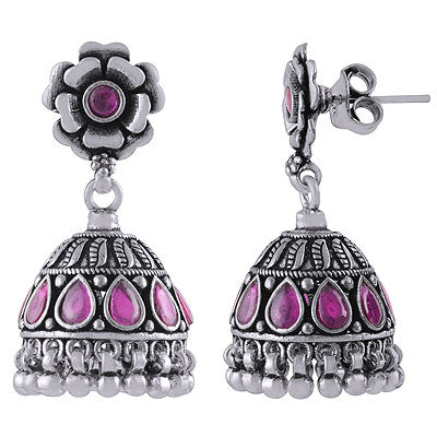 Gorgeous Flower Work Jhumka's w/ Gemstone Red Corundum Pear,Round Shape 925 Sterling Solid Silver Studs Earrings - R6100625-4
