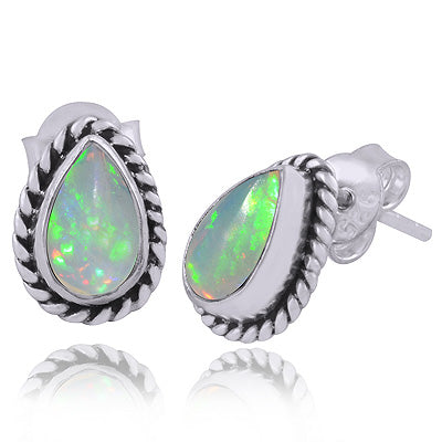 Authentic Wire Work Around Ethiopian Opal Pear Shape 925 Sterling Solid Silver Stud Earrings - R6100639-2