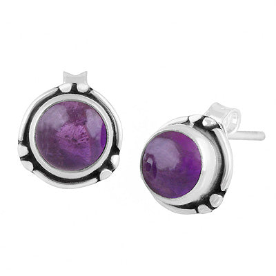 Minimal Rawa & Wire Work Around Amethyst Round Shape 925 Sterling Solid Silver Stud Earrings - R6100640-1