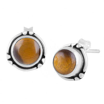 Minimal Rawa & Wire Work Around Tiger's Eye Round Shape 925 Sterling Solid Silver Stud Earrings - R6100640-11