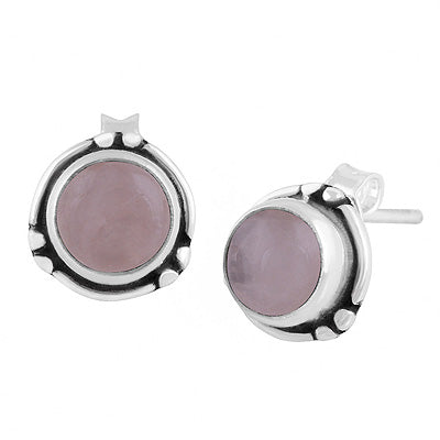 Minimal Rawa & Wire Work Around Rose Quartz Round Shape 925 Sterling Solid Silver Stud Earrings - R6100640-13