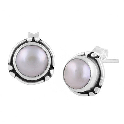 Minimal Rawa & Wire Work Around Pearl Round Shape 925 Sterling Solid Silver Stud Earrings - R6100640-15