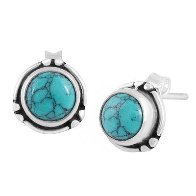 Minimal Rawa & Wire Work Around Turquoise Round Shape 925 Sterling Solid Silver Stud Earrings - R6100640-3