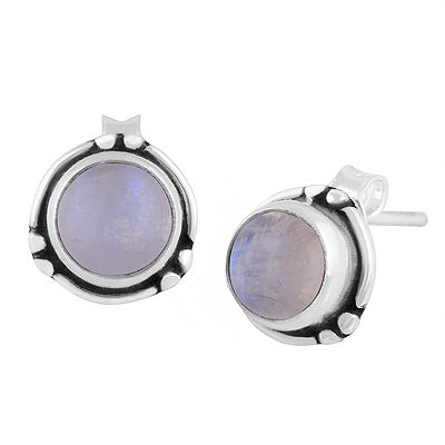 Minimal Rawa & Wire Work Around Rainbow Moonstone Round Shape 925 Sterling Solid Silver Stud Earrings - R6100640-4