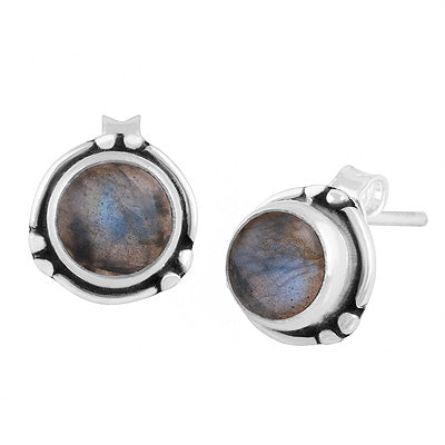 Minimal Rawa & Wire Work Around Labradorite Round Shape 925 Sterling Solid Silver Stud Earrings - R6100640-5