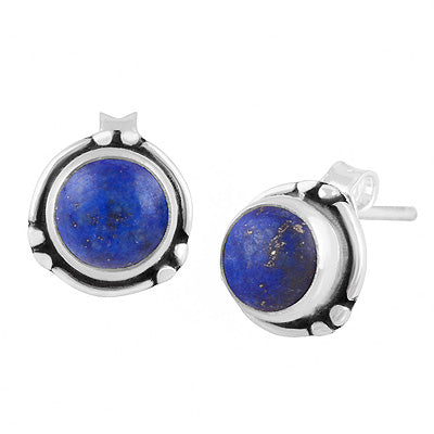 Minimal Rawa & Wire Work Around Lapis Round Shape 925 Sterling Solid Silver Stud Earrings - R6100640-6