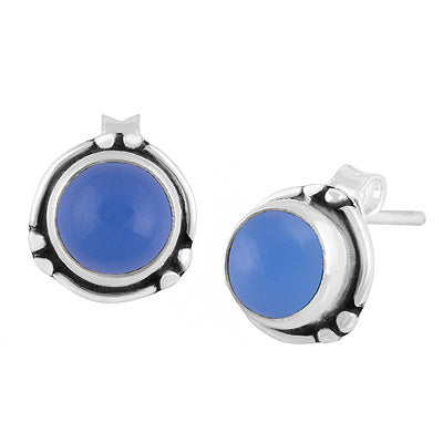 Minimal Rawa & Wire Work Around Blue Chalcedony Round Shape 925 Sterling Solid Silver Stud Earrings - R6100640-9