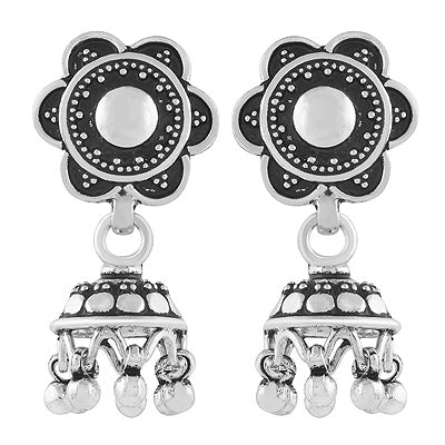 Stunning Flower Engraved Handcrafted Plain 925 Sterling Solid Silver Dangle Jhumka Stud Earrings - R6200198-1