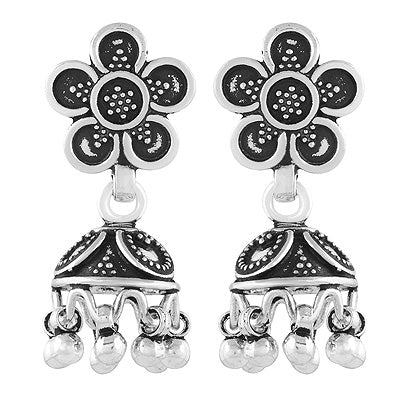 Gorgeous Rawa Work Oxidised Handcrafted Plain 925 Sterling Solid Silver Dangle Jhumka Stud Earrings - R6200199-1