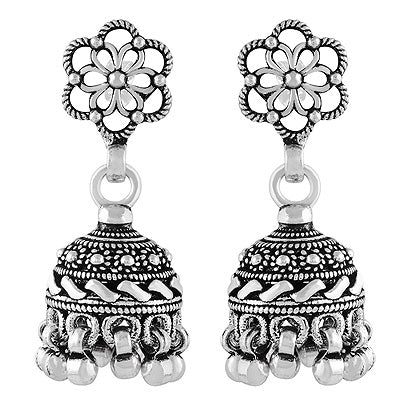 Beautiful Oxidised Handcrafted Plain 925 Sterling Solid Silver Dangle Jhumka Stud Earrings - R6200200-1