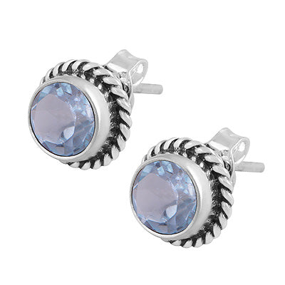 Gorgeous Twisted Wire Work Around Blue Topaz Round Shape 925 Sterling Solid Silver Stud Earrings - R6500039-76