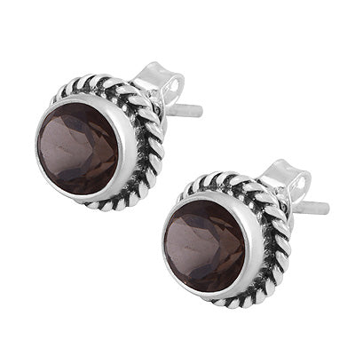 Gorgeous Twisted Wire Work Around Smoky Topaz Round Shape 925 Sterling Solid Silver Stud Earrings - R6500039-79