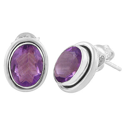 Plain Wire Around Amethyst Oval Shape 925 Sterling Solid Silver Stud Earrings - R6500044-26