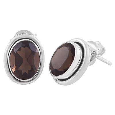 Plain Wire Around Smoky Topaz Oval Shape 925 Sterling Solid Silver Stud Earrings - R6500044-50