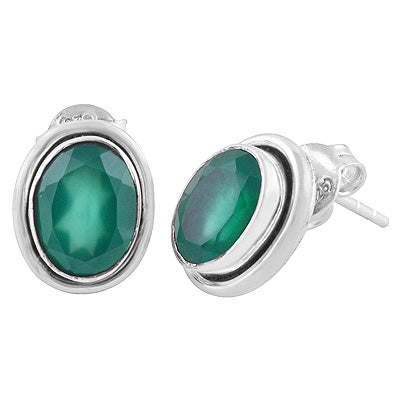 Plain Wire Around Green Onyx Oval Shape 925 Sterling Solid Silver Stud Earrings - R6500044-67