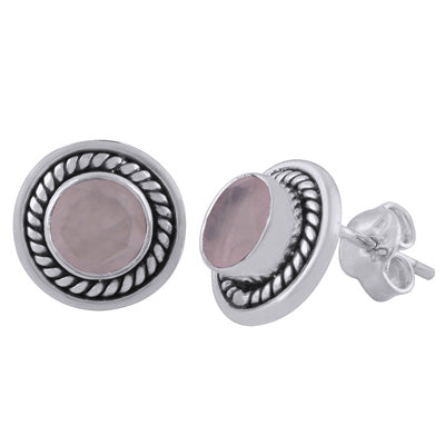 Stunning Twisted Wire Work Around Rose Quartz Round Shape 925 Sterling Solid Silver Studs Earrings - R6500078-12