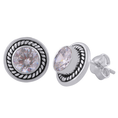 Stunning Twisted Wire Work Around White Cubic Zirconia Round Shape 925 Sterling Solid Silver Studs Earrings - R6500078-14