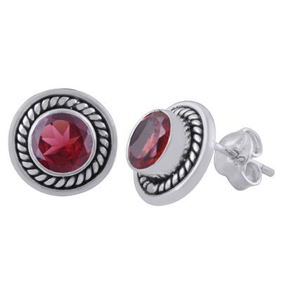 Stunning Twisted Wire Work Around Garnet Round Shape 925 Sterling Solid Silver Studs Earrings - R6500078-2