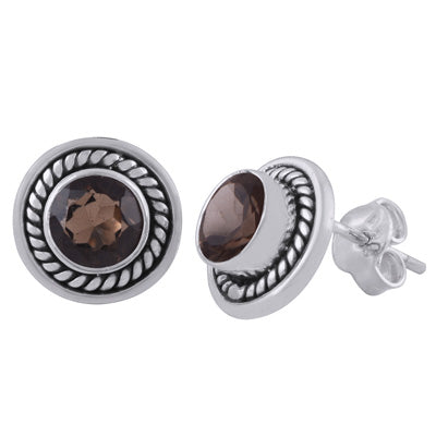 Stunning Twisted Wire Work Around Smoky Topaz Round Shape 925 Sterling Solid Silver Studs Earrings - R6500078-9
