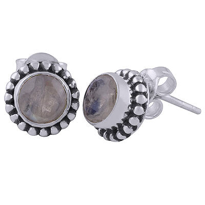 Stunning Rawa Work Around Rainbow Moonstone Round Shape 925 Sterling Solid Silver Studs Earrings - R6500173-5