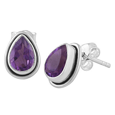 Beautiful Plain Wire Around Amethyst Pear Shape 925 Sterling Solid Silver Stud Earrings - R6500178-1