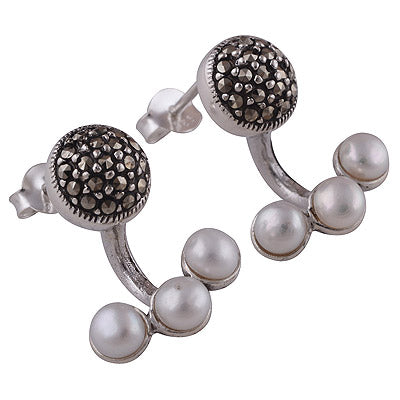925 Sterling Silver Marcasite,Pearl Stud Earrings - R6500614-1
