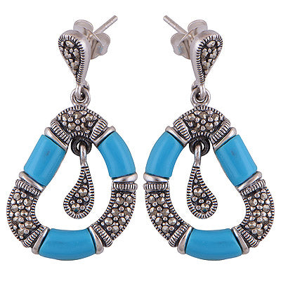 925 Sterling Silver Turquoise,Marcasite Stud Earrings - R6500635-1