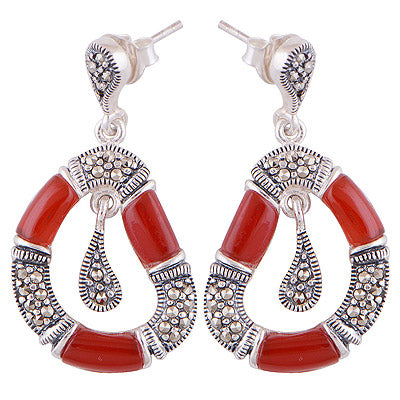 925 Sterling Silver Carnelian,Marcasite Stud Earrings - R6500635-3
