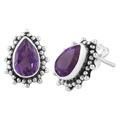 Beautifully Handcrafted Loaded With Rawa Work Around Amethyst Pear Shape 925 Sterling Solid Silver Stud Earrings - R6500649-101