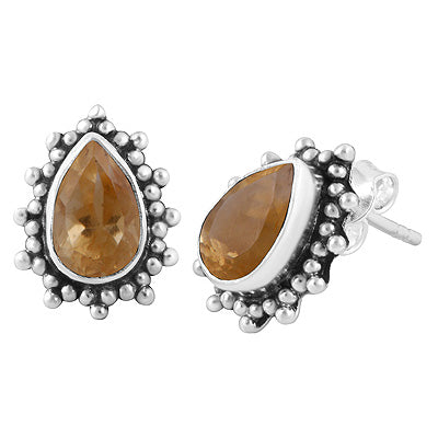 Beautifully Handcrafted Loaded With Rawa Work Around Citrine Pear Shape 925 Sterling Solid Silver Stud Earrings - R6500649-103