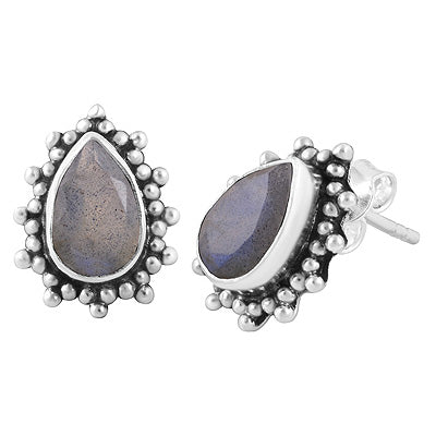 Beautifully Handcrafted Loaded With Rawa Work Around Labradorite Pear Shape 925 Sterling Solid Silver Stud Earrings - R6500649-105