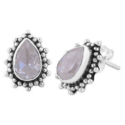 Beautifully Handcrafted Loaded With Rawa Work Around White Cubic Zirconia Pear Shape 925 Sterling Solid Silver Stud Earrings - R6500649-108