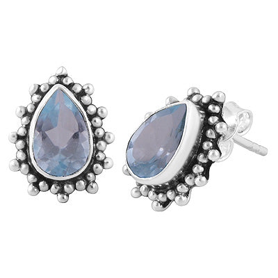 Beautifully Handcrafted Loaded With Rawa Work Around Blue Topaz Pear Shape 925 Sterling Solid Silver Stud Earrings - R6500649-110