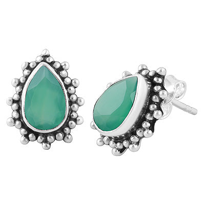 Beautifully Handcrafted Loaded With Rawa Work Around Green Onyx Pear Shape 925 Sterling Solid Silver Stud Earrings - R6500649-112