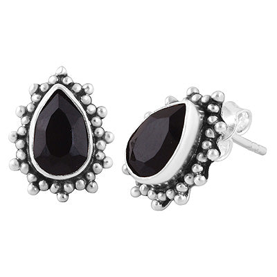 Beautifully Handcrafted Loaded With Rawa Work Around Black Onyx Pear Shape 925 Sterling Solid Silver Stud Earrings - R6500649-114
